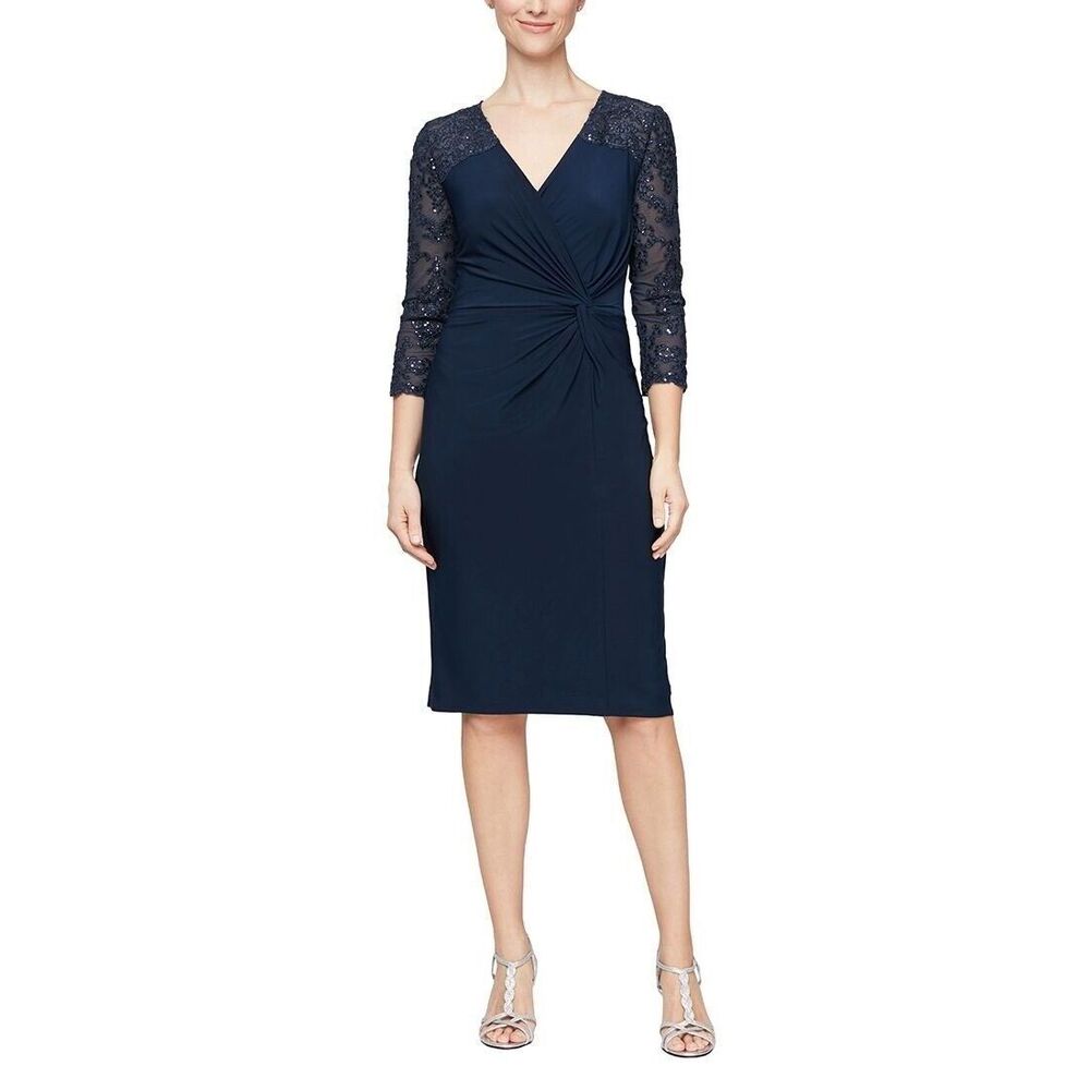 Alex Evenings Midnight Blue Midi Dress with Lace Detail